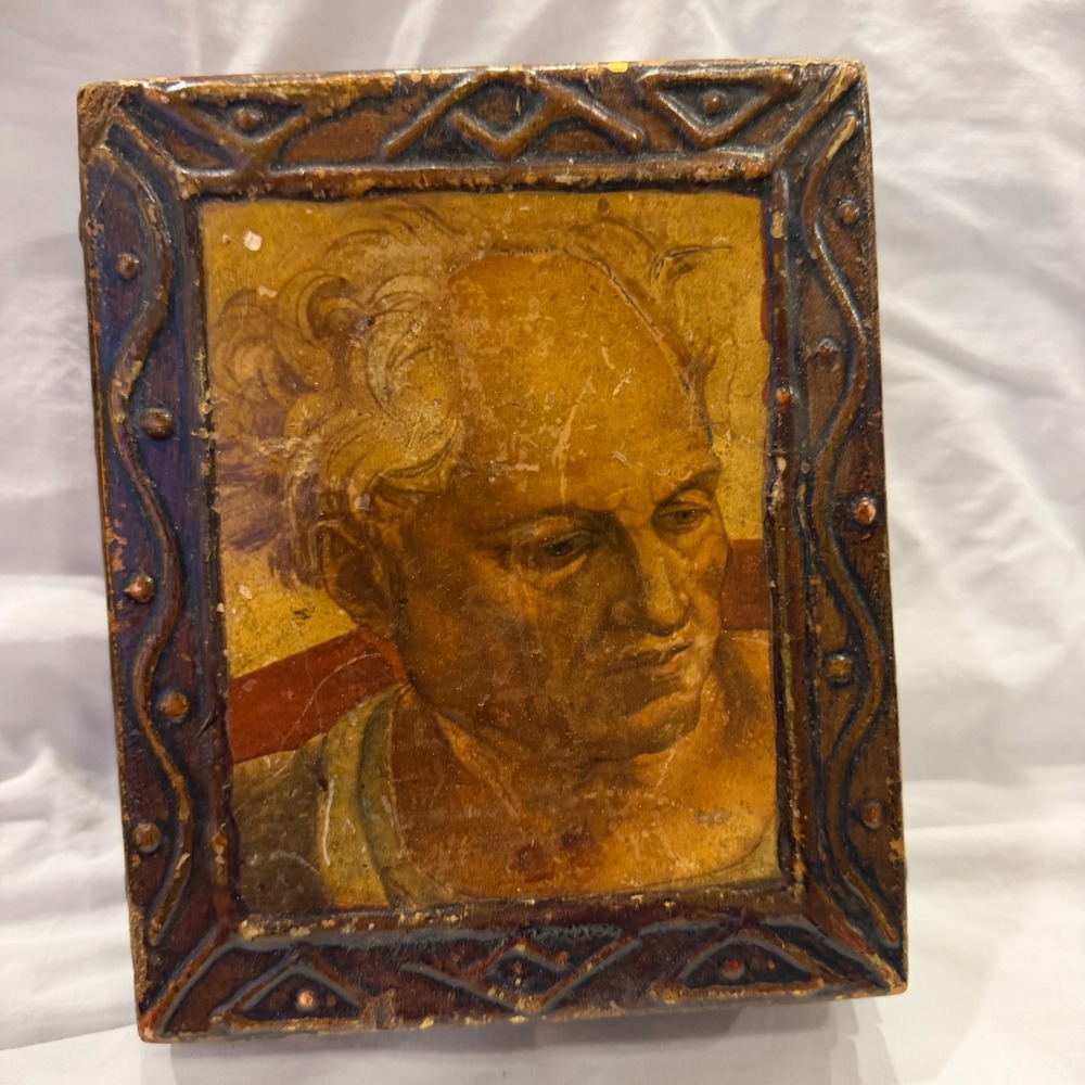 Vintage Hand Carved Wood Trinket Box Renaissance Portrait Gold Leaf Distressed